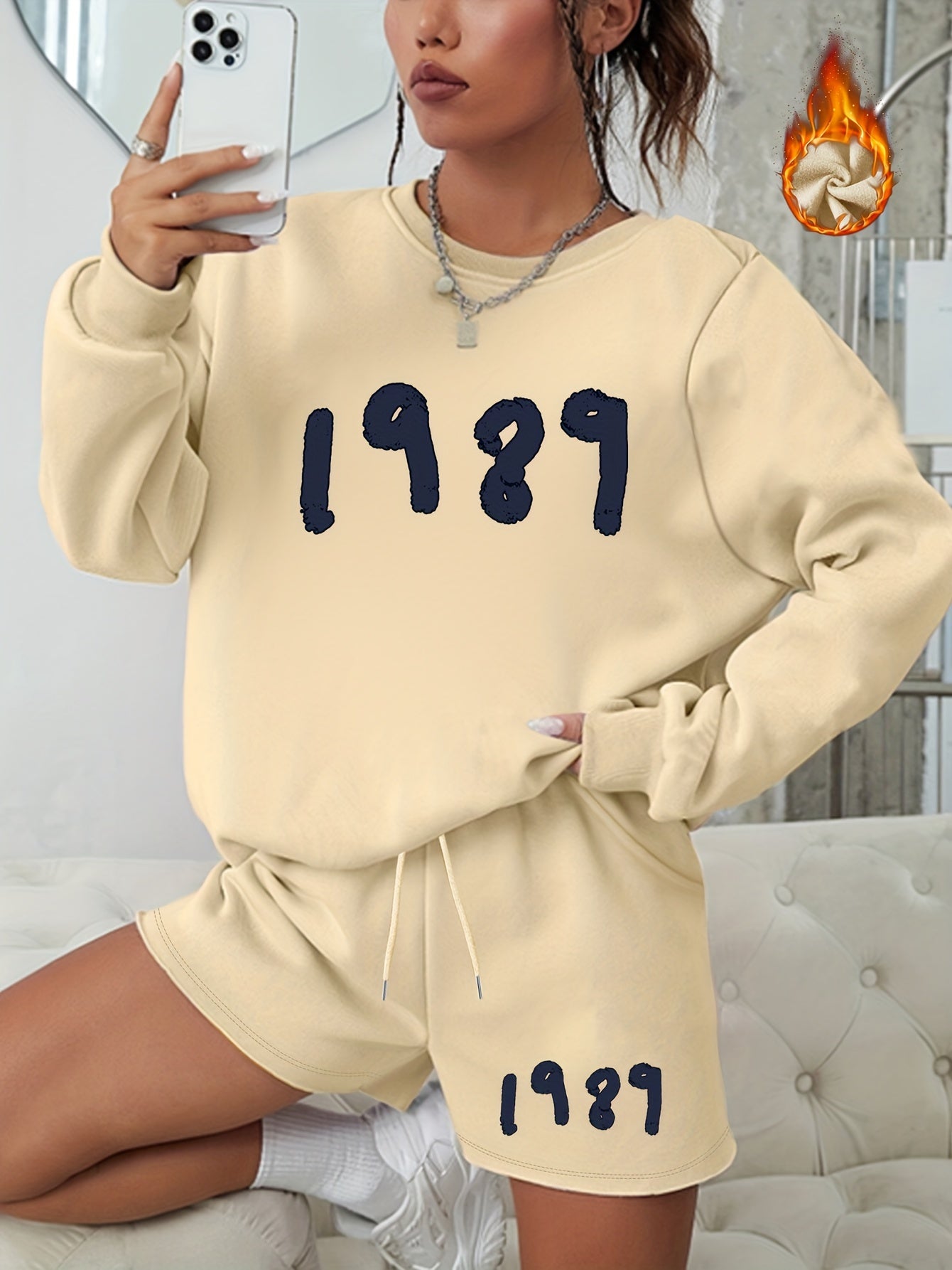 Women's Number Print 2-Piece Set Long Sleeve Sweatshirt & Shorts