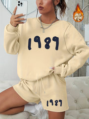 Women's Number Print 2-Piece Set Long Sleeve Sweatshirt & Shorts