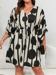 Dot & Stripe Print Button Up Bat Sleeve V Neck Mini Dress