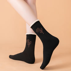 5 Pairs Women's Winter Floral Fuzzy Thermal Mid Tube Socks