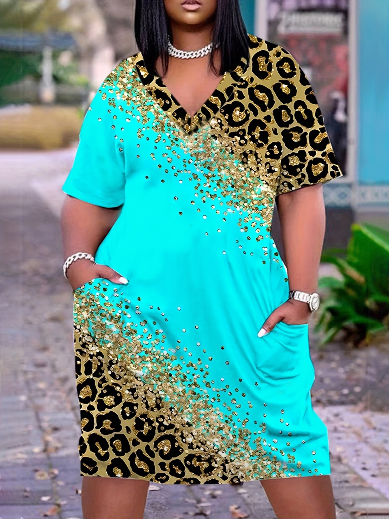 Leopard Print V-Neck Dress With Pockets