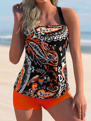 Boho Tankini Set Paisley Print Square Neck Cami Top & Shorts Swimsuit