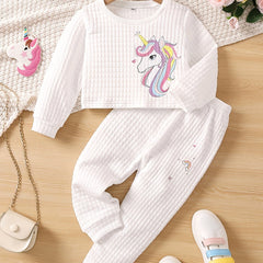 Girl's Unicorn Print Waffle Outfit Set for Spring Fall