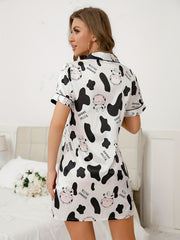Cow Print NightDress Short Sleeve V Neck Pajama Dress