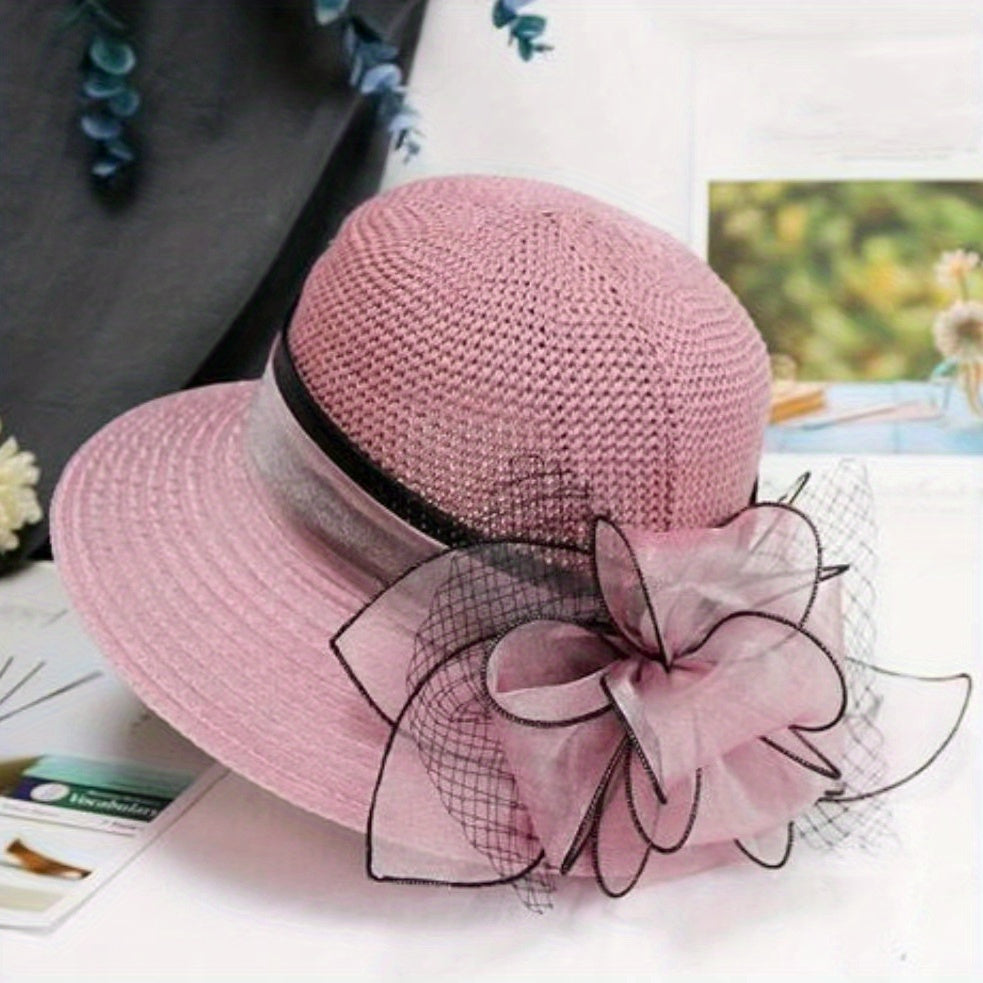 Wide Brim Knitted Bucket Hat Mesh Flower Decor Sunshade Fedora for Women