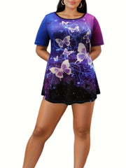 Loungewear Set Starry Sky & Butterfly Pattern Short Sleeve Top