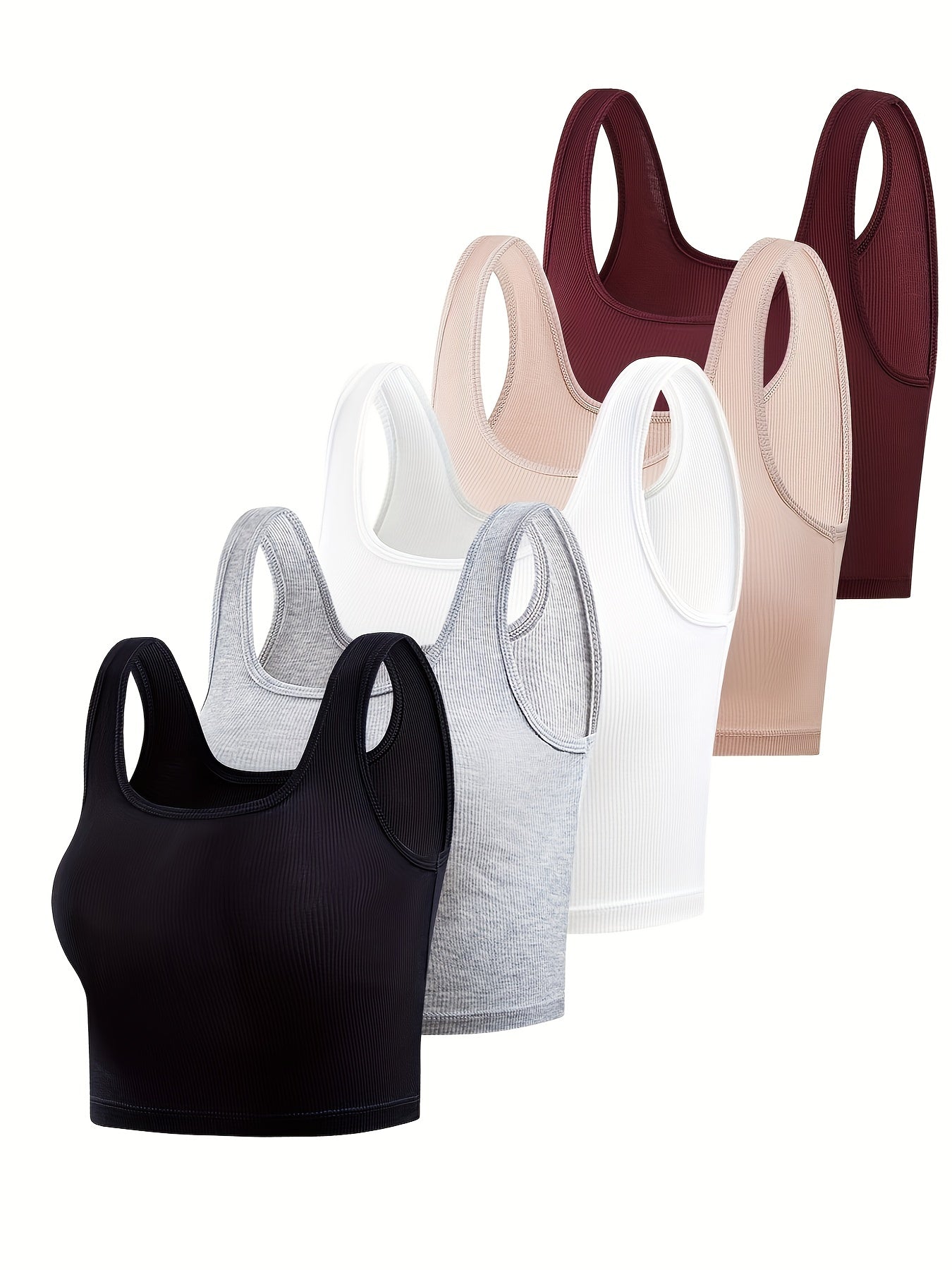 5pcs Solid Ribbed Tank Tops Sleeveless Crew Neck Women's Lingerie