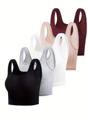 5pcs Solid Ribbed Tank Tops Sleeveless Crew Neck Women's Lingerie