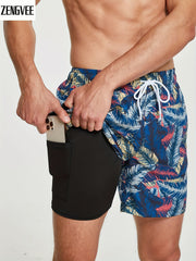 Men's 2 in 1 Sports Shorts, Fish & Floral Pattern, Gym Workout