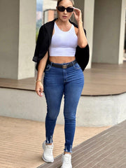 Washed Ripped Fringe Trim High Rise Skinny Jeans