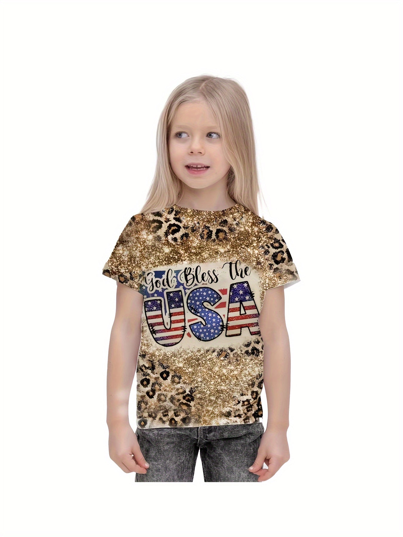 Girls 3D Leopard Print Graphic Crew Neck T shirt Short Sleeve Pull