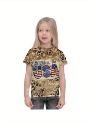 Girls 3D Leopard Print Graphic Crew Neck T shirt Short Sleeve Pull