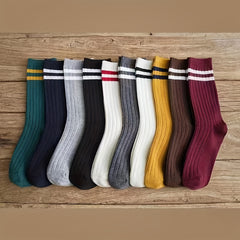 10 Pairs Striped Crew Socks Comfortable & Breathable Women's Mid Tube Stockings