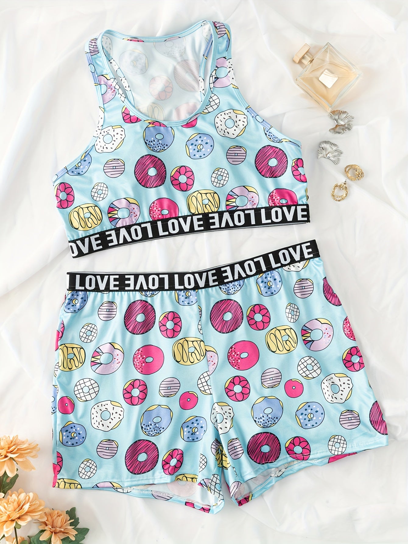 Donut Print Crop Tank Top & Shorts Set