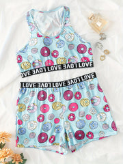 Donut Print Crop Tank Top & Shorts Set