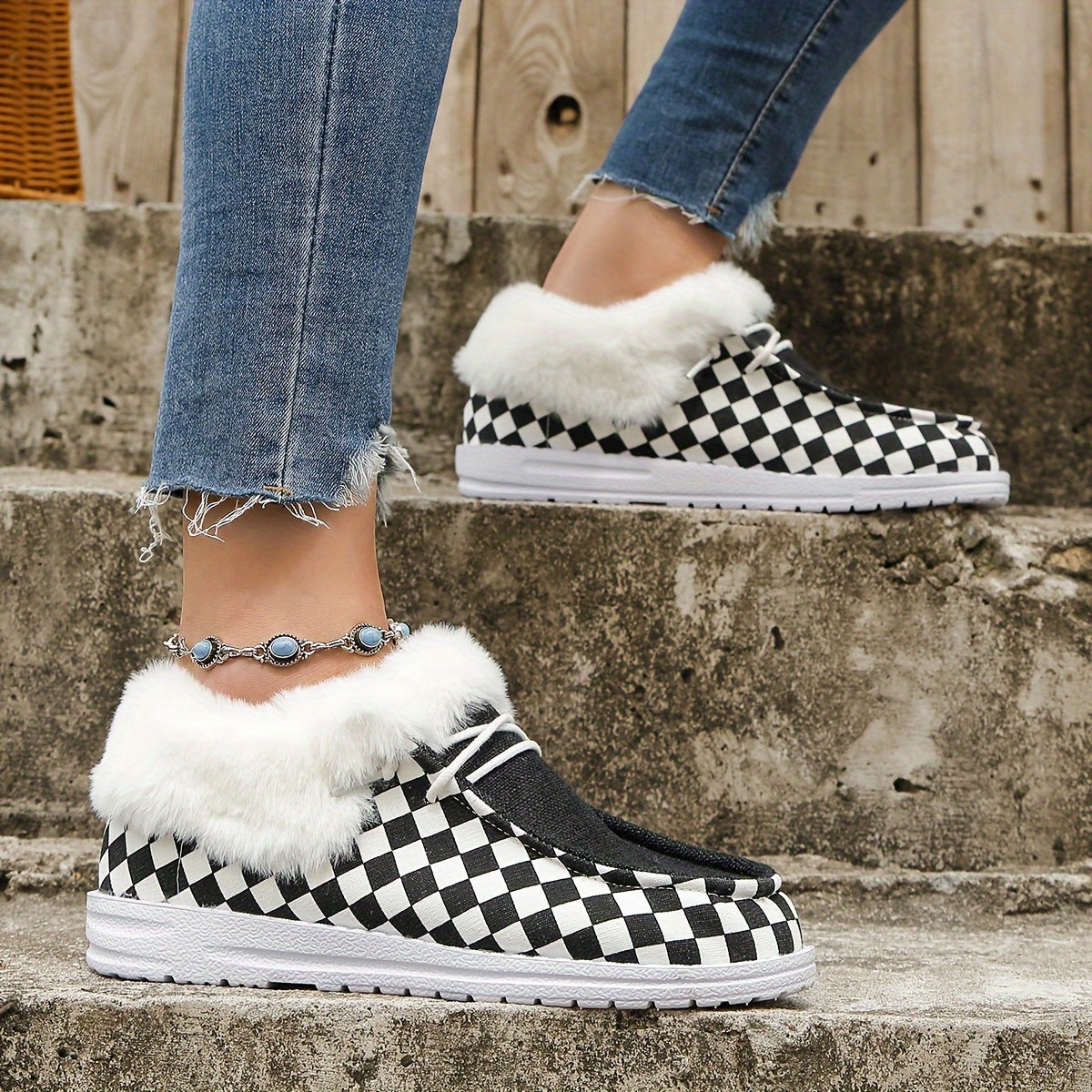 Plaid Pattern Thickened Warm Walking Shoes Lightweight Low Top Sport Flat Shoes