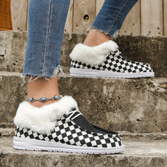 Plaid Pattern Thickened Warm Walking Shoes Lightweight Low Top Sport Flat Shoes