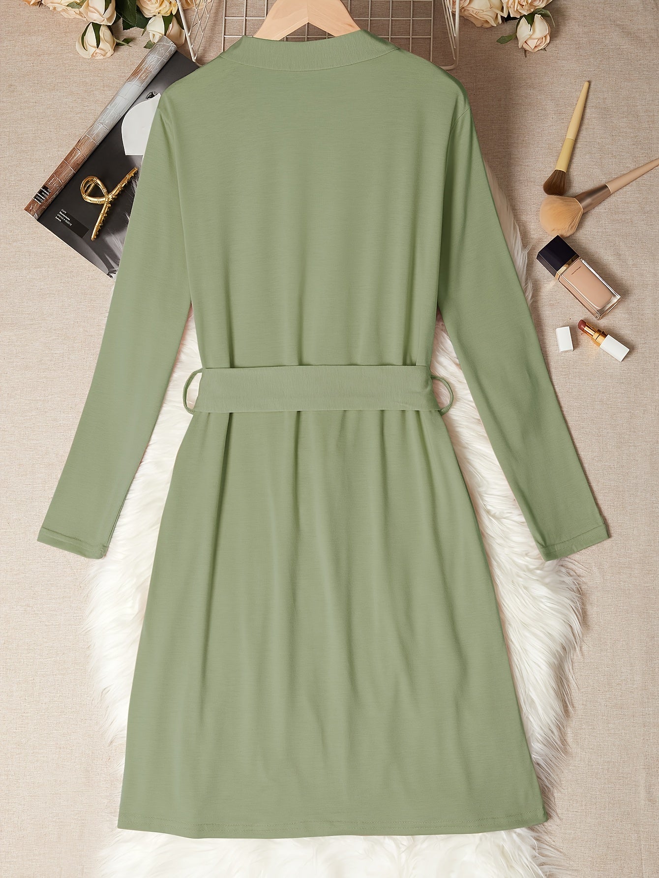 Women's Solid Night Robe Long Sleeve V Neck With Belt