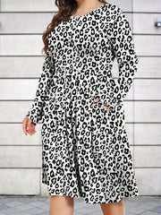 Leopard Print Long Sleeve Casual Dress with Pockets