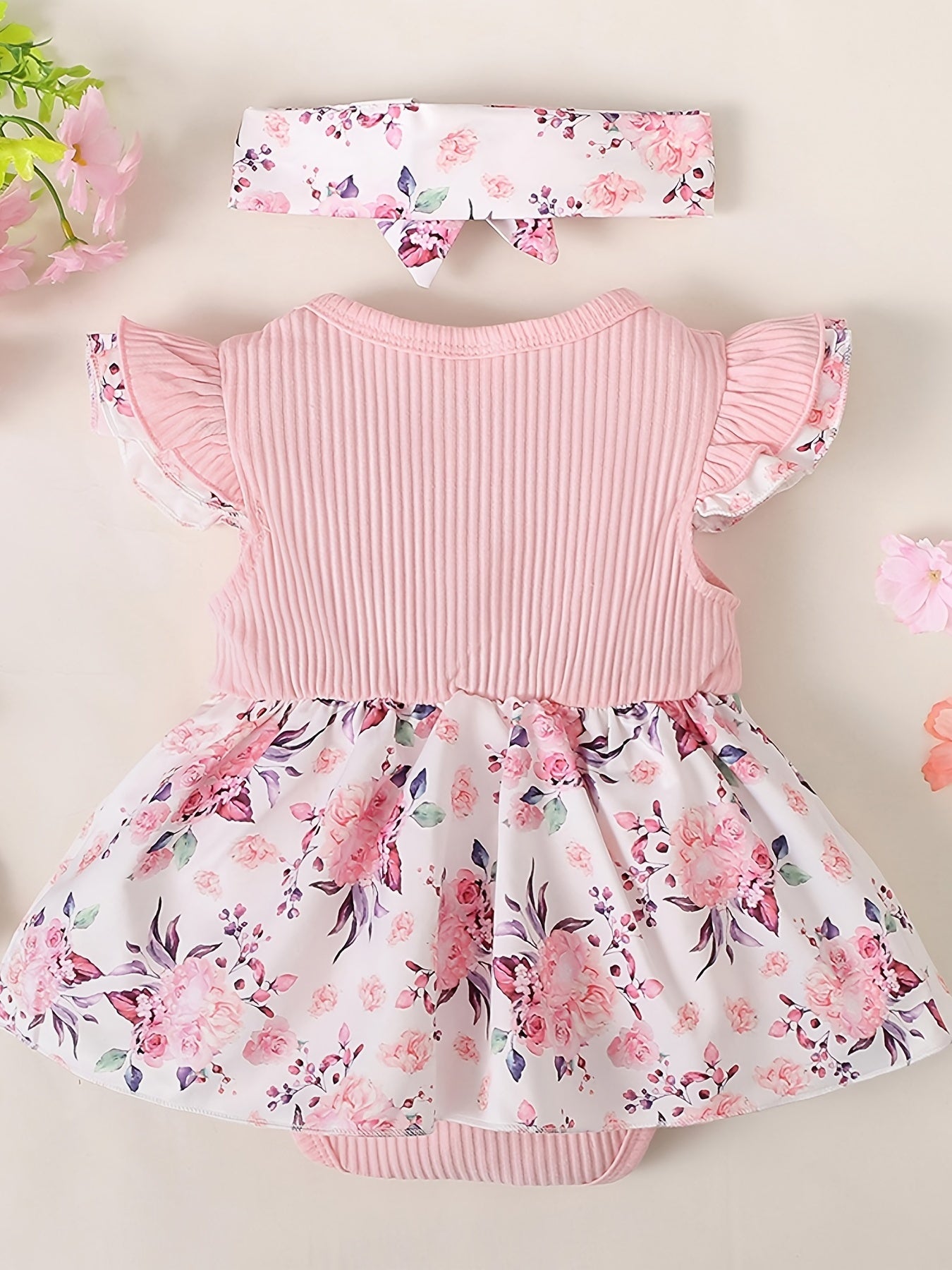 Baby Girls Floral Pink Dress Onesie Set with Headband