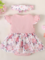 Baby Girls Floral Pink Dress Onesie Set with Headband