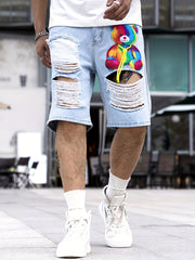 Colorful Toy Bear Pattern Ripped Denim Shorts Men's Casual Street Style Dist