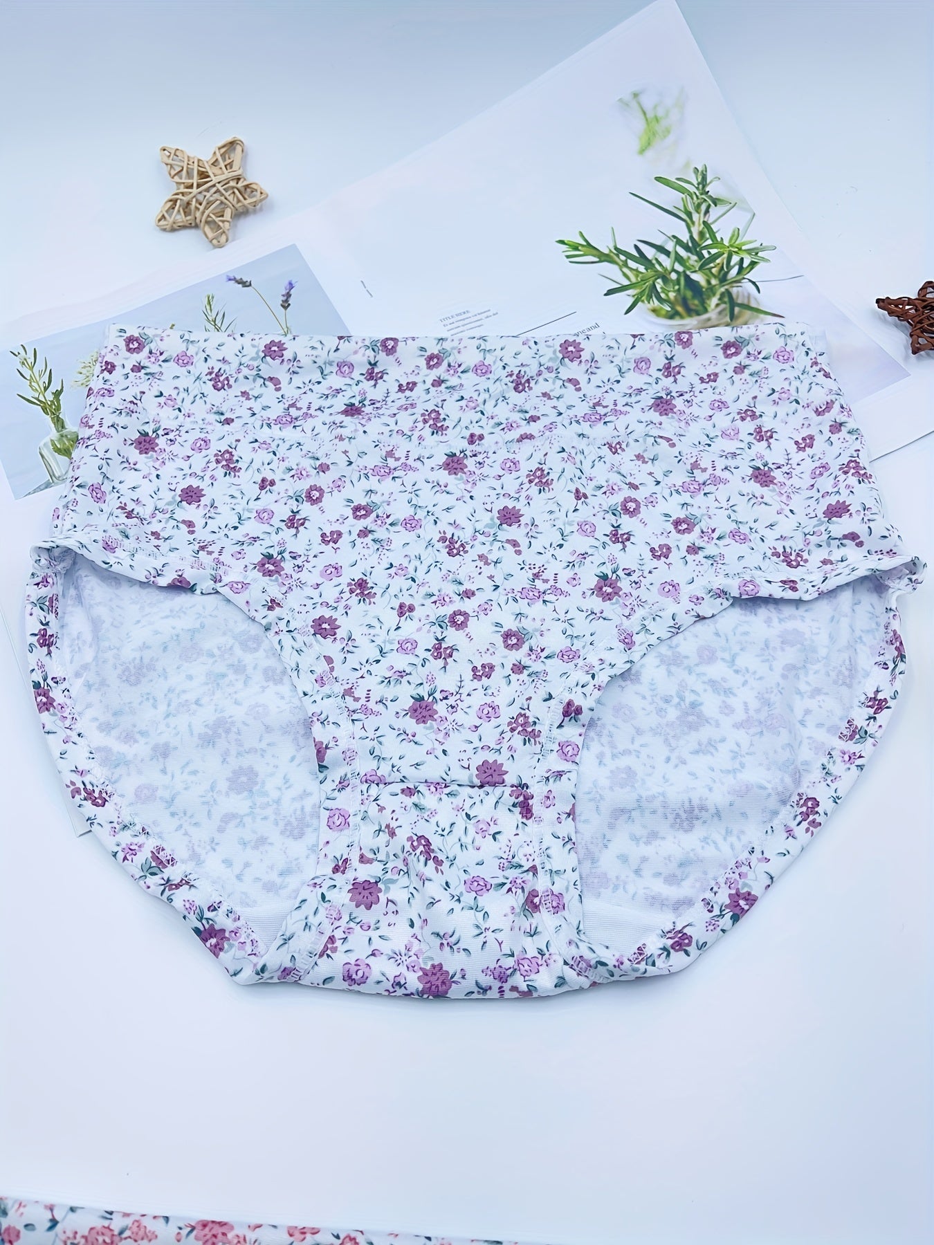 3pcs Floral Print Briefs Elastic Intimates Panties Women's Lingerie