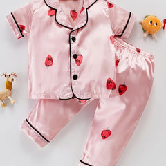 Girls Strawberry Graphic Pajamas Set Short Sleeve Top & Pants Sleepwear