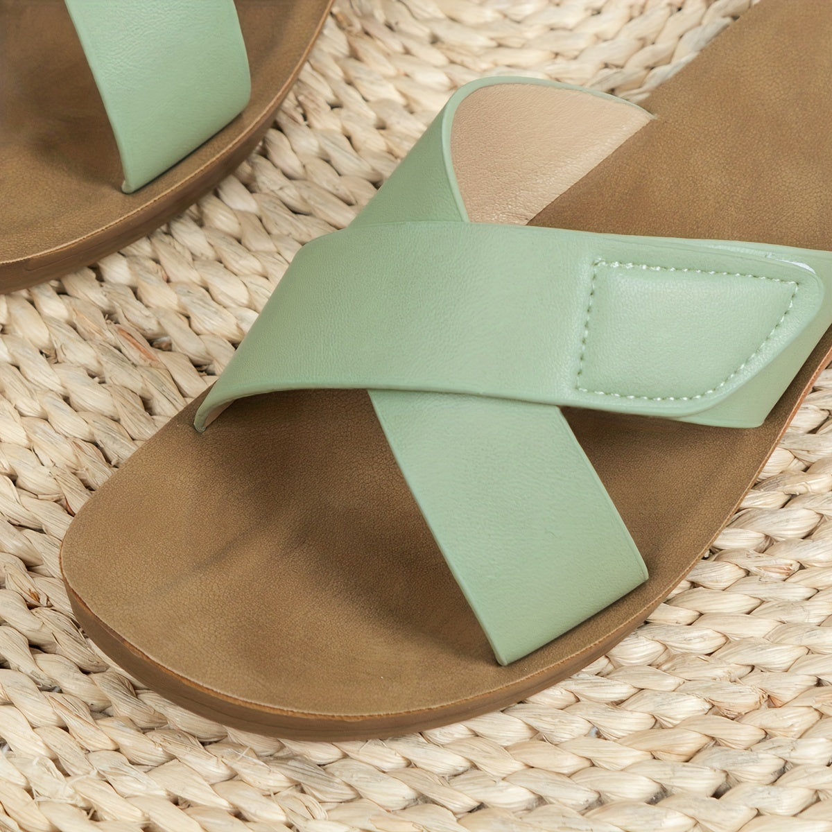 Women's Cross Strap Flat Slides Open Toe Faux Leather Shoes