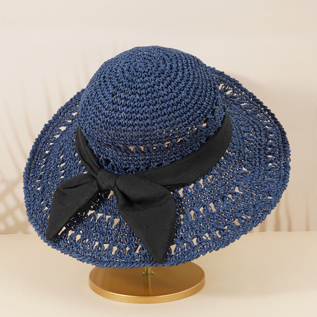 Hollow Crochet Bow Straw Hat Wide Brim Sun Visor Bucket Cap