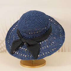 Hollow Crochet Bow Straw Hat Wide Brim Sun Visor Bucket Cap