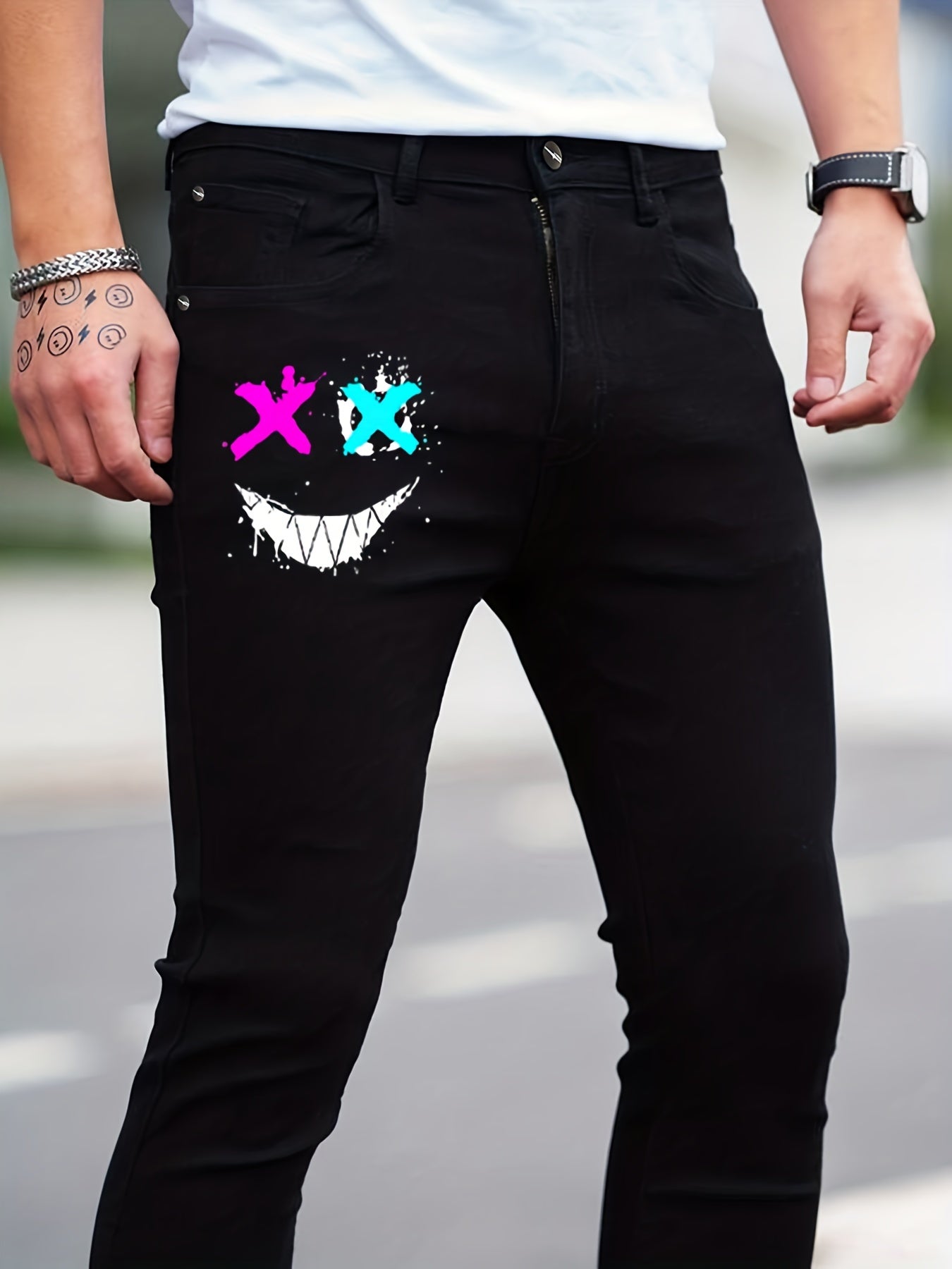 Slim Fit Grimace Print Jeans Mens Casual Stretch Street Style Denim Pants