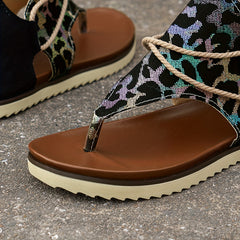 Leopard Print Toe Woven Flat Sandals Women's Back Zipper Summer Sandals