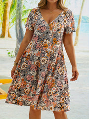 Floral Print Short Sleeve V Neck Stretch Dress