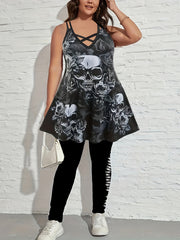 Floral Skull Print Split Strap Criss Cross Back A-line Dress