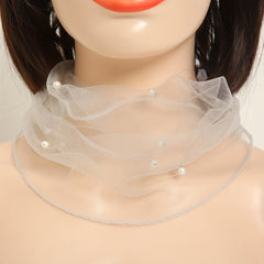 Chiffon Neck Collar Ruffles Infinity Scarf Faux Pearl Decor
