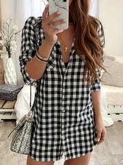 Gingham Print Button Up Long Sleeve Shirt Dress
