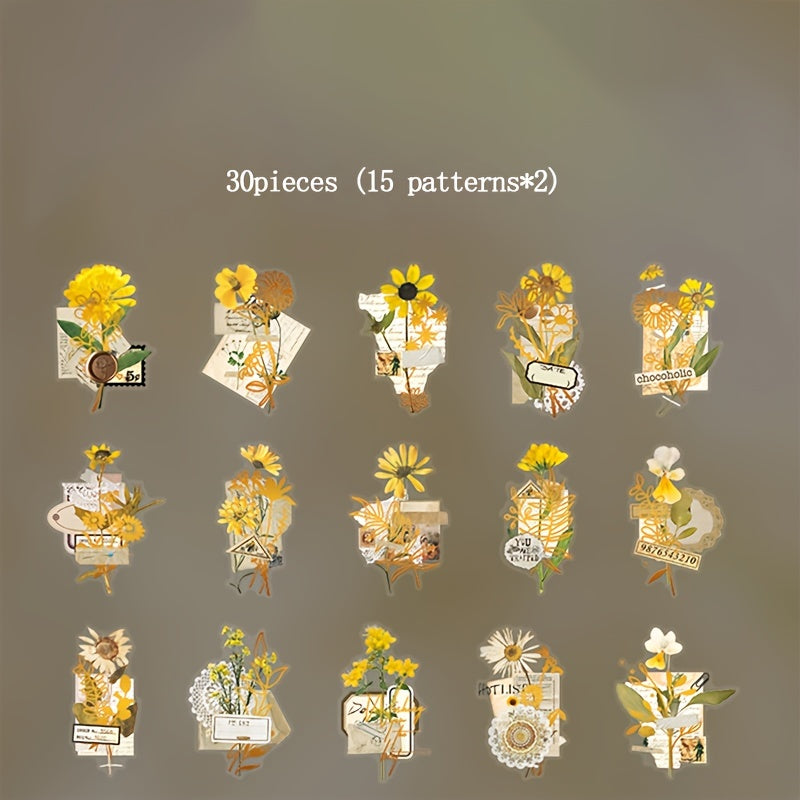 30pcs Retro Realistic Flower Bookmarks Hot Stamping Stickers