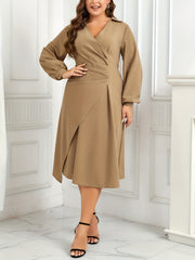 Plus Size Solid Lantern Sleeve Wrap Formal Dress