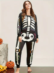 Skeleton Pattern Long Sleeve Top & Joggers Pajamas Set Plus Size