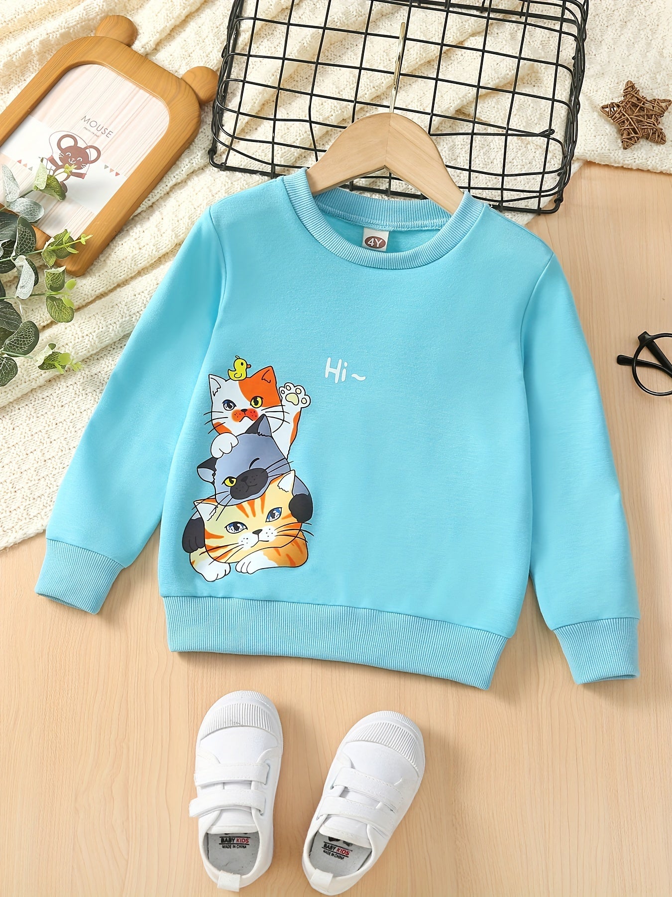 Boys Hi Kitten Sweatshirt Long Sleeve Round Neck Casual Pullover Top