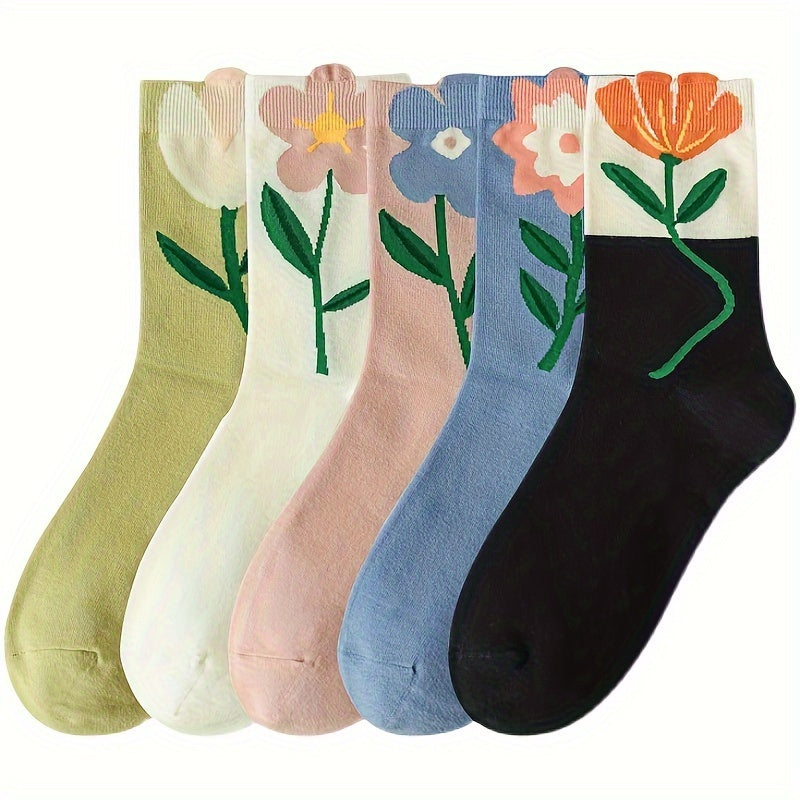 5 Pairs Floral Print Socks Women's Mid Tube Stockings Comfy & Breathable