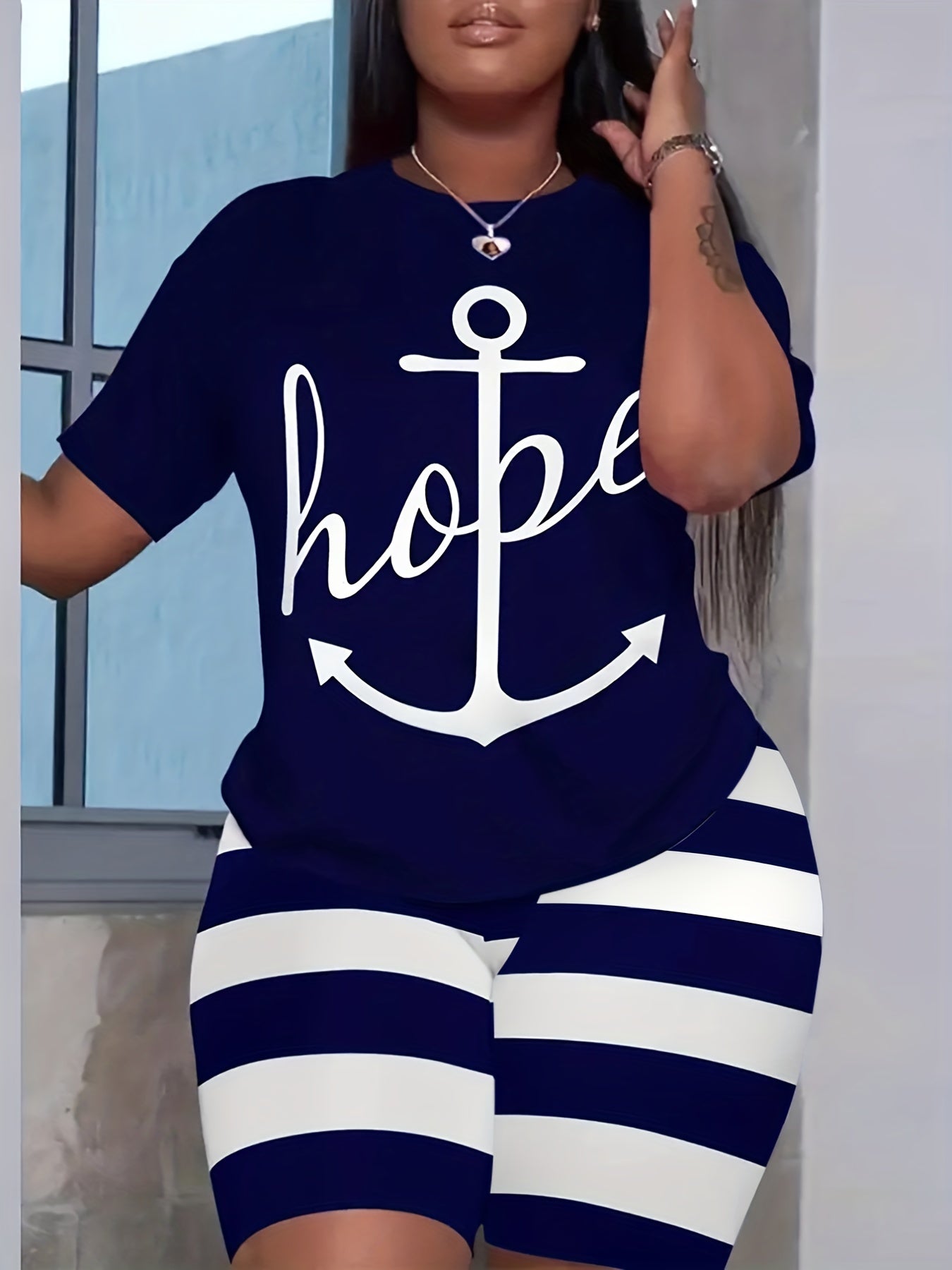 Women's Plus Size Letter & Anchor Print Top & Striped Shorts Set