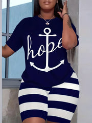 Women's Plus Size Letter & Anchor Print Top & Striped Shorts Set