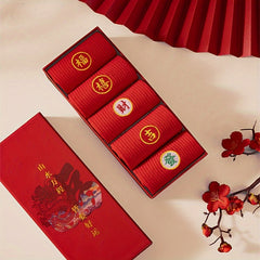 5 Pairs Red Embroidered Crew Socks Chinese New Year Christmas Gift