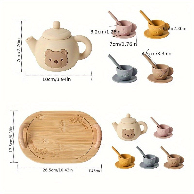 Silicone Tea Set Bear Wooden Pretend Play Toy Girls Mini Tea Cup and Teapot Set