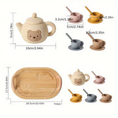 Silicone Tea Set Bear Wooden Pretend Play Toy Girls Mini Tea Cup and Teapot Set