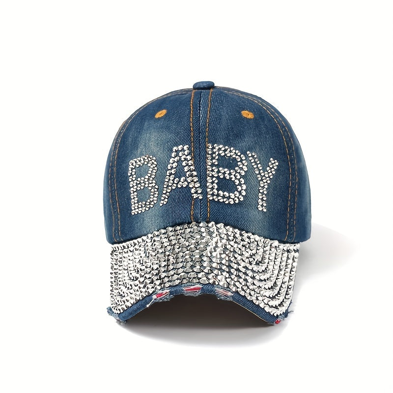 Rhinestone BABY Decor Baseball Cap Washed Distressed Sunshade Dad Hat