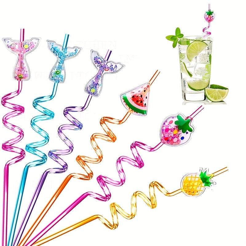 6pcs Sequin Fruit Shape Straws Curved Plastic Bar Milk Tea Straws