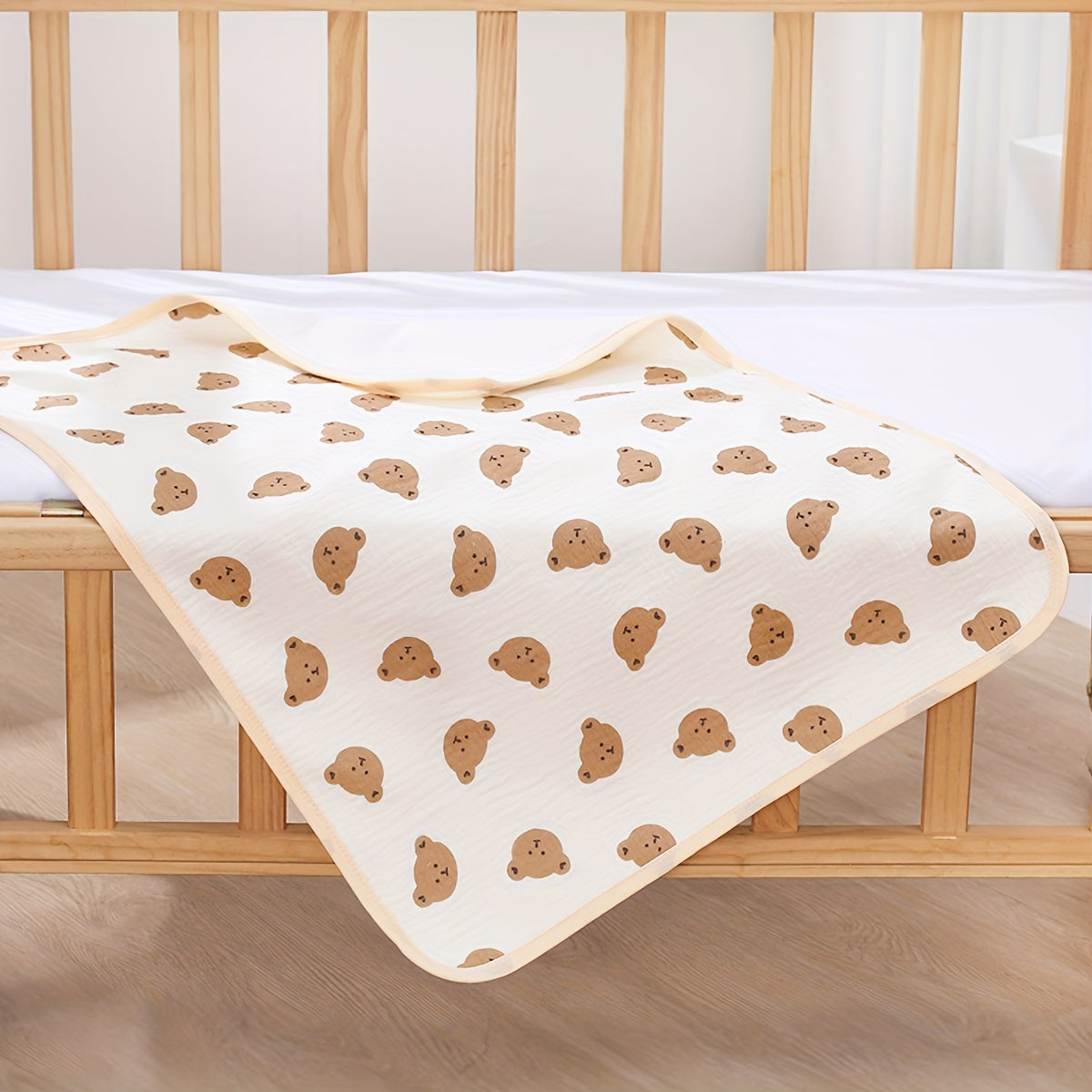 Waterproof Gauze Diaper Pad w/ Bear Pattern Soft Light Beige Fabric